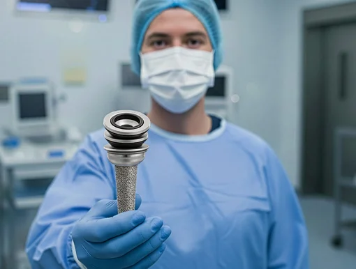 A surgeon in blue scrubs and a face mask holding a high-tech hip implant featuring a porous stem for bone ingrowth and a modular joint head.