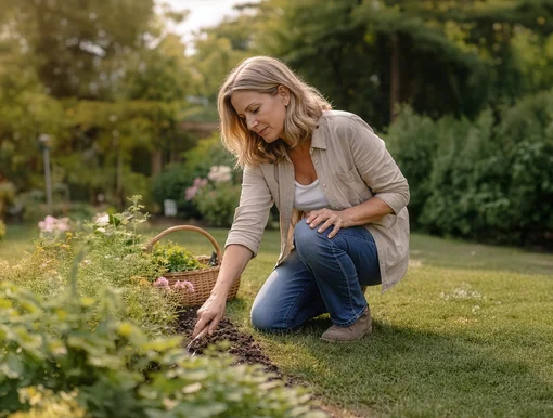 A woman in a tan shirt and blue jeans kneels on a green lawn, using a small hand tool to garden in a soil bed. A wicker basket sits nearby amidst vibrant greenery and soft sunlight.