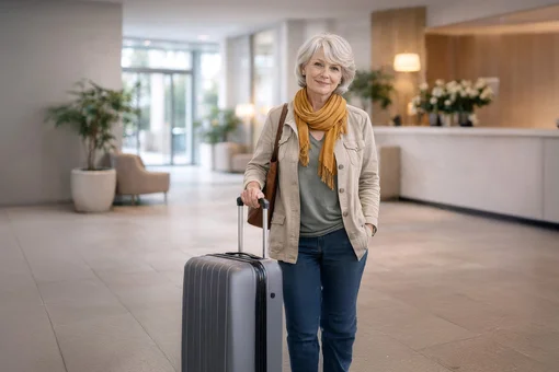 A senior woman with gray hair and an orange scarf standing with a silver suitcase in a bright, modern hotel lobby, representing travel services for international patients.