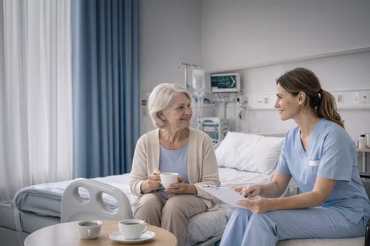 Healthcare Professional Consulting with Senior Patient A female nurse in blue scrubs sits and talks with an elderly female patient on a hospital bed; both are smiling, and a medical monitor is visible in the background.