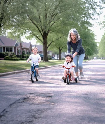 A woman helping two young children ride their bikes and a tricycle on a quiet residential street.