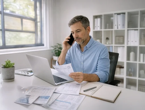 A man sitting at a desk with a laptop, holding a medical document and talking on his smartphone in a bright, organized office environment.