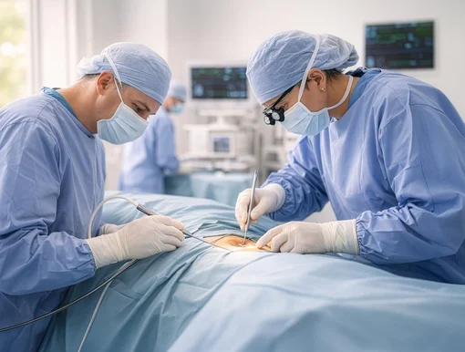 Surgical Team Performing a Spine Procedure Two surgeons in blue scrubs, masks, and caps focus on a spinal surgery; one surgeon is using specialized tools and wearing surgical loupes, with medical monitors blurred in the background.
