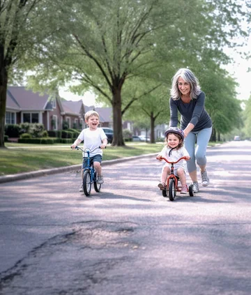 A woman helping two young children ride their bikes and a tricycle on a quiet residential street.
