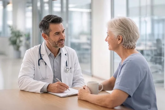 A smiling male doctor in a white lab coat and stethoscope sits at a desk, taking notes while having a friendly conversation with a senior woman during a medical consultation.