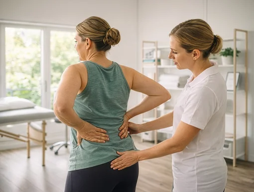 A female physical therapist in a white shirt examines the lower back of a female patient in a green tank top during a rehabilitation session in a bright clinic.