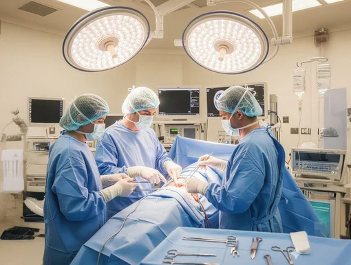 A team of three surgeons in full sterile gear working under bright surgical lights in an operating room, performing a hip replacement surgery with medical monitors in the background.