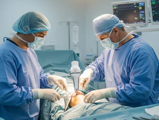 Two surgeons in blue sterile gowns and masks focusing on a knee surgery, with the prosthetic implant visible during the procedure and medical monitors in the background.