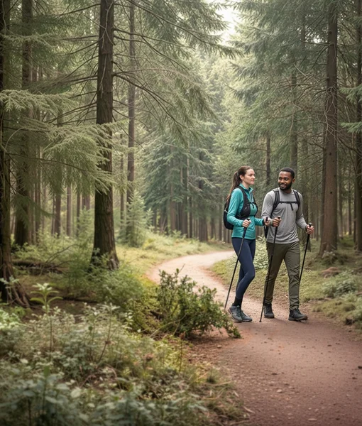 A man and a woman in athletic gear are nordic walking with trekking poles on a winding dirt path through a dense, sunlit forest of tall pine trees.