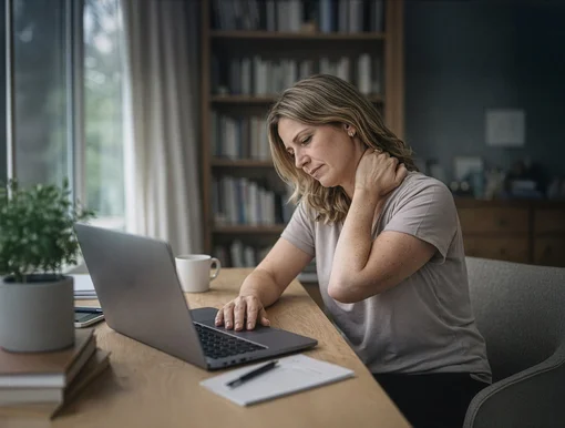 A woman sitting at a desk with a laptop, rubbing her aching neck and shoulder while working in a home office environment.
