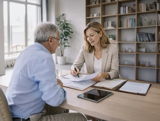 A female doctor in a tan blazer sits at a wooden desk, explaining medical documents to an elderly male patient in a bright, modern office with a large bookshelf in the background.