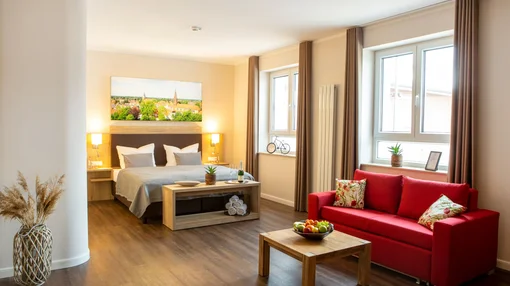 A bright, modern family hotel room featuring a large double bed, a red sofa bed in a living area, and a wooden dining table with a fresh fruit bowl.