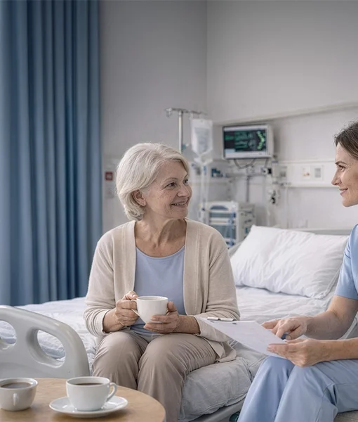 A female nurse in blue scrubs sits and talks with an elderly female patient on a hospital bed; both are smiling, and a medical monitor is visible in the background.
