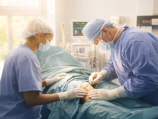 Two surgeons in blue scrubs, masks, and caps perform a surgical procedure on a patient's knee. The operating room is filled with natural light from a large window, and medical monitoring equipment is visible in the background.