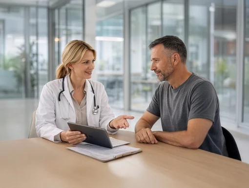 A female doctor in a white lab coat with a stethoscope holds a tablet while talking to a middle-aged male patient in a modern, bright medical office.