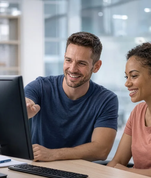 A man and a woman smiling while looking at a computer screen together in an office setting, collaborating on a project.