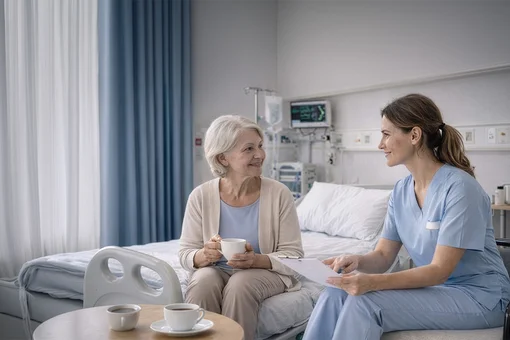 A female nurse in blue scrubs sits and talks with an elderly female patient on a hospital bed; both are smiling, and a medical monitor is visible in the background.