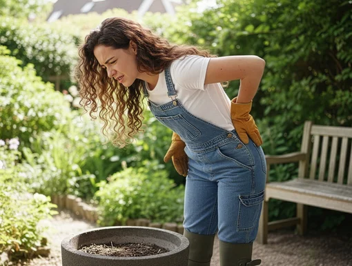 A woman in a garden clutching her lower back in pain while wearing work clothes and gardening gloves.