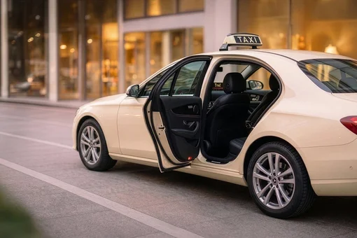 A cream-colored taxi parked on a city street with the rear door open, inviting a passenger to enter. The car features a "TAXI" sign on the roof and is positioned in front of a modern building with warm lighting.