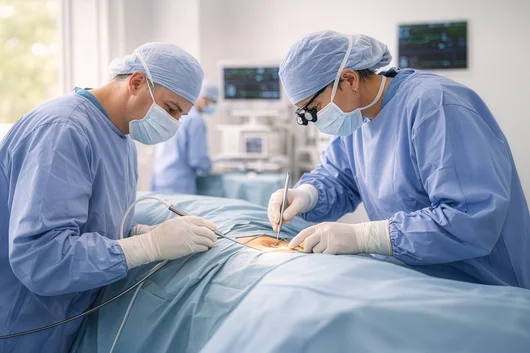 Two surgeons in blue scrubs, masks, and caps focus on a spinal surgery; one surgeon is using specialized tools and wearing surgical loupes, with medical monitors blurred in the background.