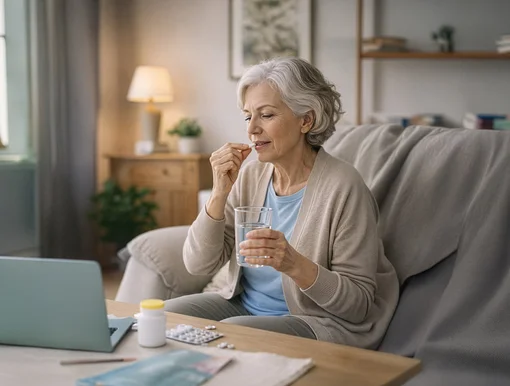 An elderly woman sitting on a sofa, taking a tablet with a glass of water while looking at a laptop, illustrating post-operative pain management and recovery.