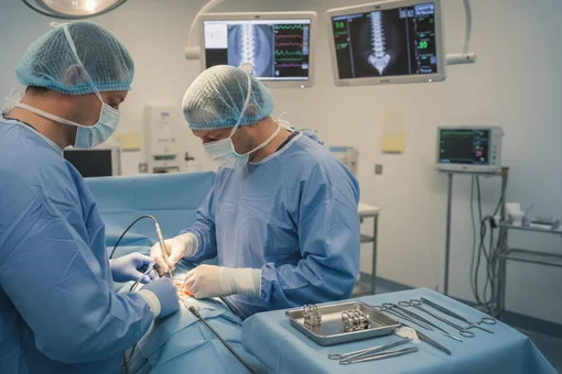 Two surgeons performing a spinal operation with medical equipment and monitors displaying diagnostic images in the background.