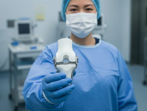 A female surgeon in blue scrubs and a face mask holding a white, anatomically shaped knee joint prosthesis in a sterile clinical environment.