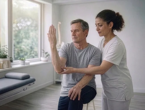 A female physical therapist in white scrubs assists a middle-aged male patient in a grey t-shirt. She gently guides his arm during an exercise in a bright, modern clinic with large windows and a treatment table in the background.