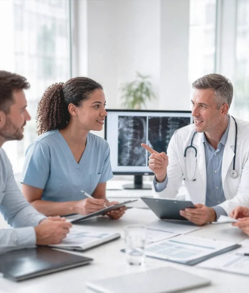 A diverse group of medical professionals, including doctors in white coats and scrubs, sitting around a table in a bright office discussing patient cases with X-ray images visible on a monitor in the background.