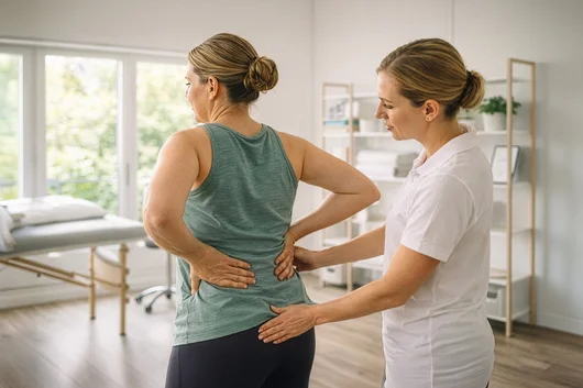 A female physical therapist in a white shirt examines the lower back of a female patient in a green tank top during a rehabilitation session in a bright clinic.