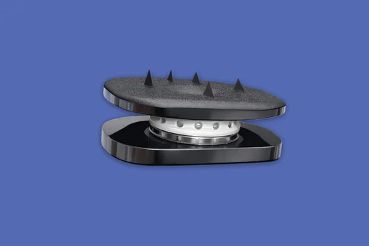 A side view of the BAGUERA-L lumbar disc prosthesis, featuring titanium-coated plates with stabilizing fins and a central polyethylene core, set against a blue background.
