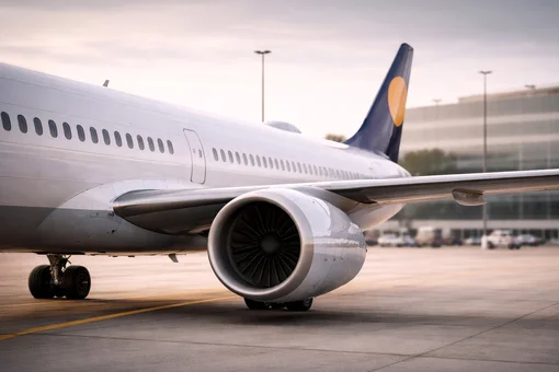 A close-up side view of a commercial airplane at an airport gate, symbolizing international patient transportation and logistics.