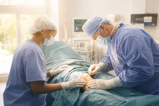 Two surgeons in blue scrubs, masks, and caps perform a surgical procedure on a patient's knee. The operating room is filled with natural light from a large window, and medical monitoring equipment is visible in the background.
