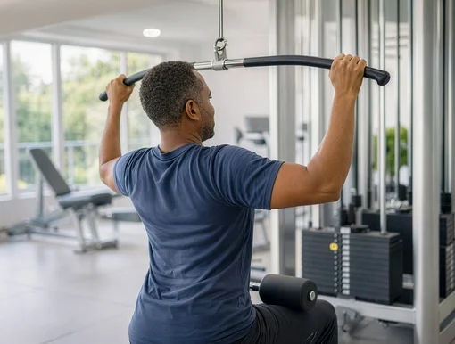 A man from behind performing lat pulldowns on a cable machine in a gym, showing active rehabilitation and muscle building after spine surgery.